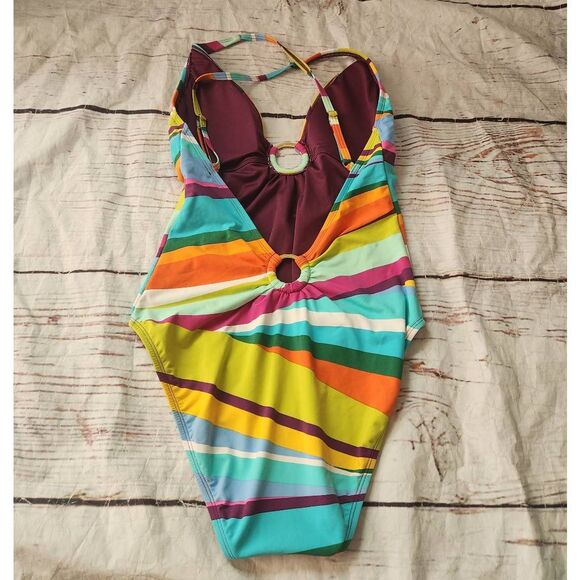 Bleu by Rod Beattie Striped Plunging Neckline Tummy Control One Piece Swimsuit S - Picture 3 of 6